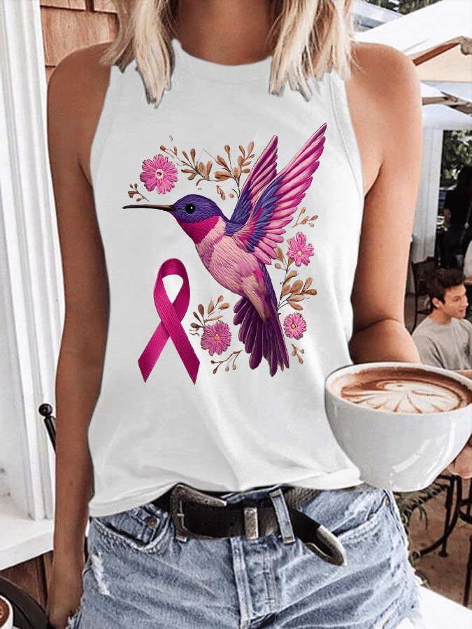 Womens Breast Cancer Awareness Hummingbird Heat Pressed Casual Tank Top