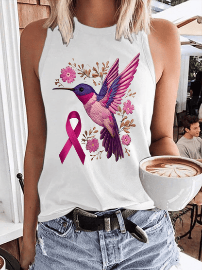 Womens Breast Cancer Awareness Hummingbird Heat Pressed Casual Tank Top