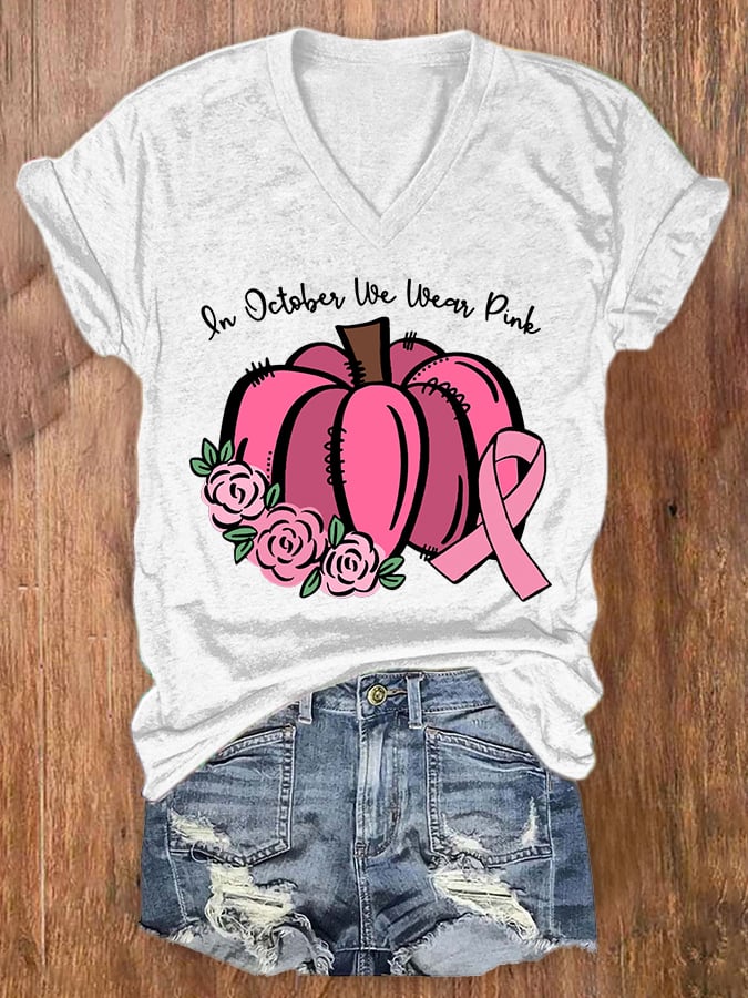 Women's Casual In October We Wear Pink Printed Short Sleeve T-Shirt