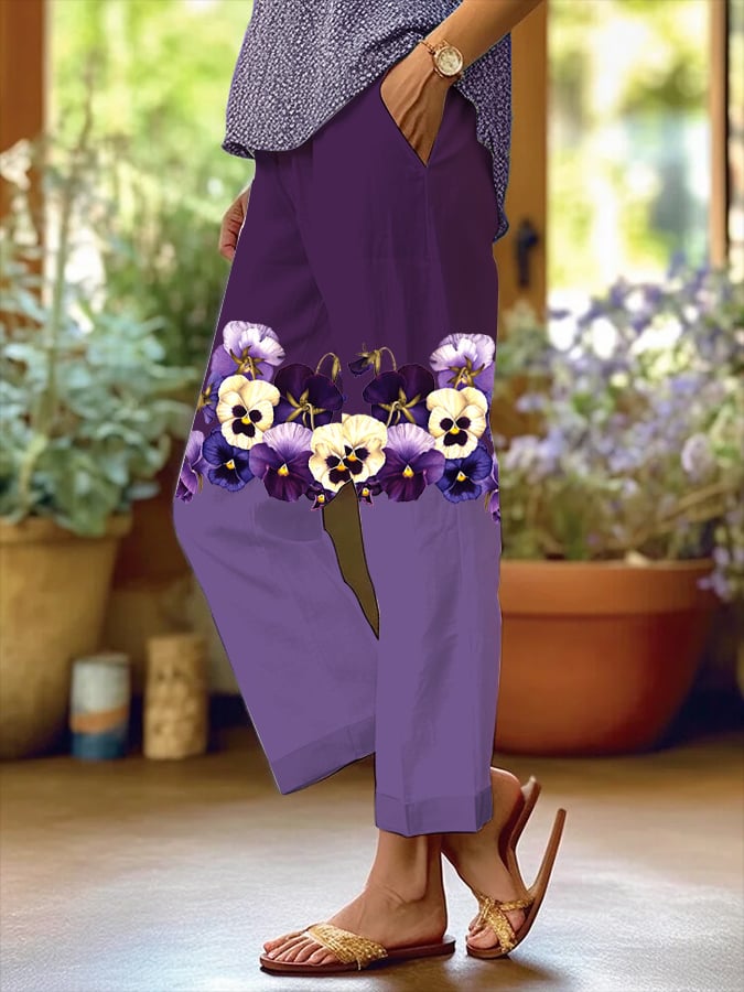 Women's Purple Pansy Alzheimer's Awareness Floral Design Loose Pocket Paneled Casual Pants