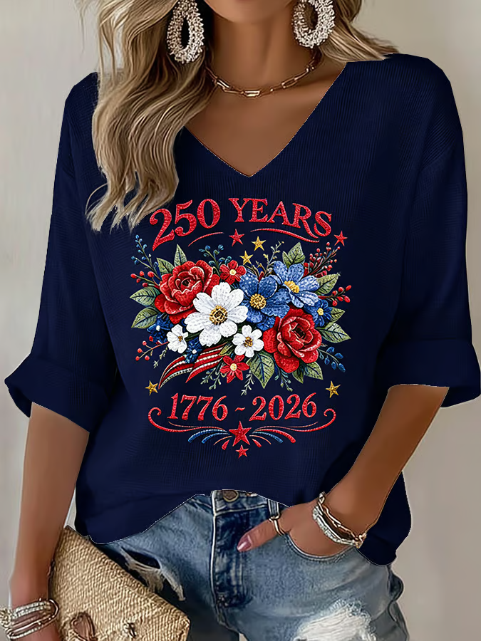 Women's American 250th Anniversary Three-Quarter Sleeve V-Neck Top