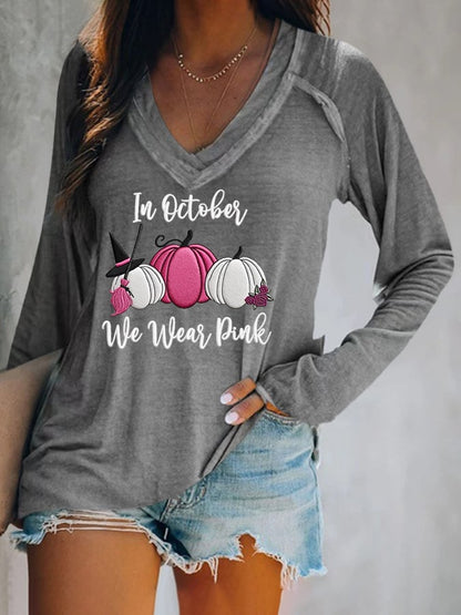 Women's Breast Cancer In October We Wear Pink Printed V-Neck T-Shirt