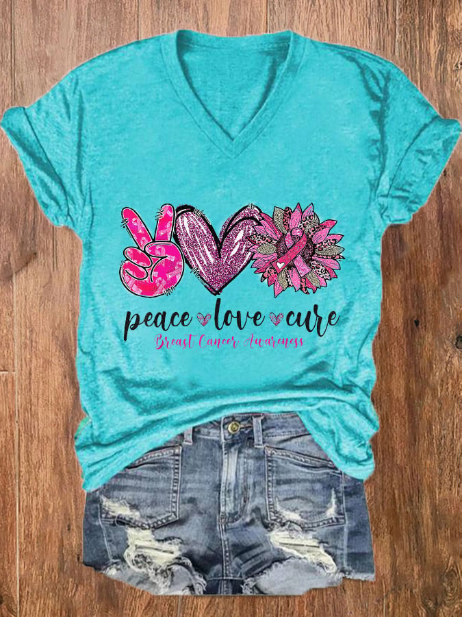 Women's Peace Love Cure Pink Sunflower Breast Cancer  V-Neck Tee