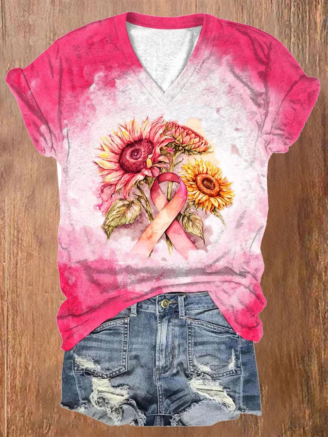 Women's Sunflower Breast Cancer Awareness Print Short Sleeve T-Shirt