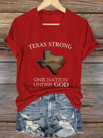 🙏💔Join us in praying for Texas.🙏V-Neck Retro Texas Strong One Nation Under God Print T-Shirt
