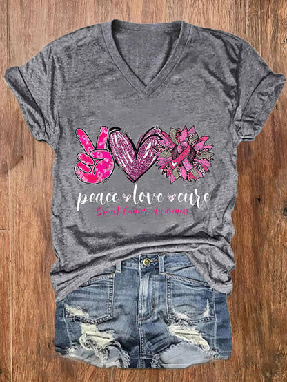 Women's Peace Love Cure Pink Sunflower Breast Cancer  V-Neck Tee