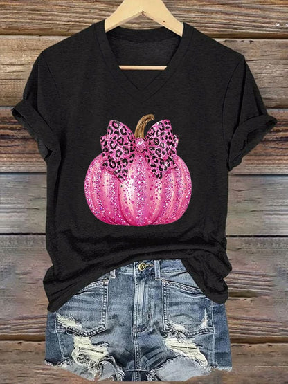 Women's Pink Pumpkin Print Breast Cancer Awareness T-Shirt