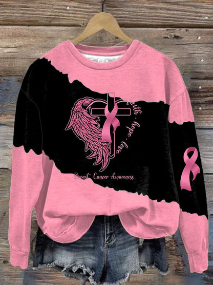 Women's Breast Cancer Awareness Faith Hope Love Print Long Sleeve Sweatshirt