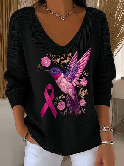 Women's Breast Cancer Hummingbird Print Long Sleeve Top