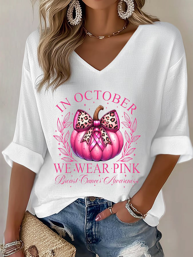 Women's In October We Wear Pink Print Waffle T-Shirt
