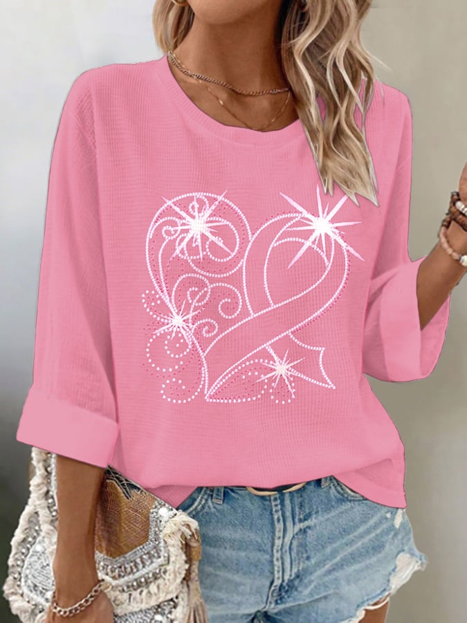 Women's Casual Breast Cancer Waffle Long Sleeve T-Shirt