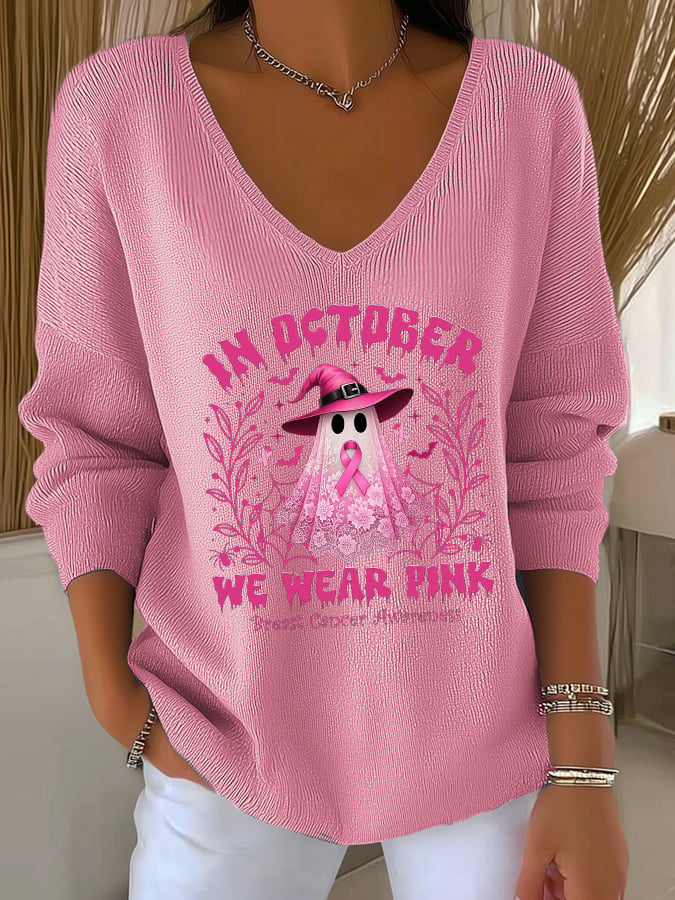 Women's Casual Breast Cancer We Wear October Pink Ghost Pit Stripe Long Sleeve Top