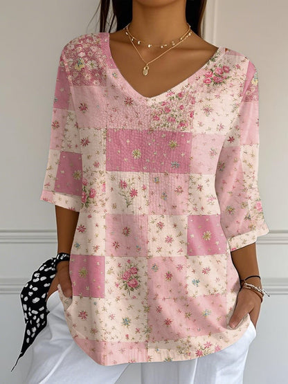 Women's Casual Pink Patchwork Print Bubble Wrinkle Top