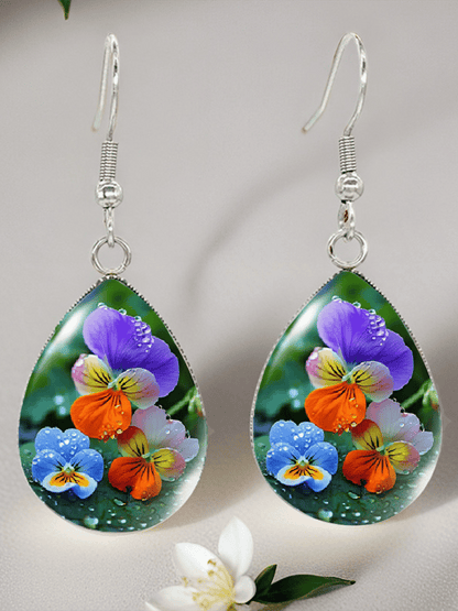 Purple Drop-Shaped Pansy Flower Design Earrings