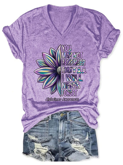 V-neck Retro Alzheimer's Awareness You May Not Remember But I Will Never Forget T-Shirt