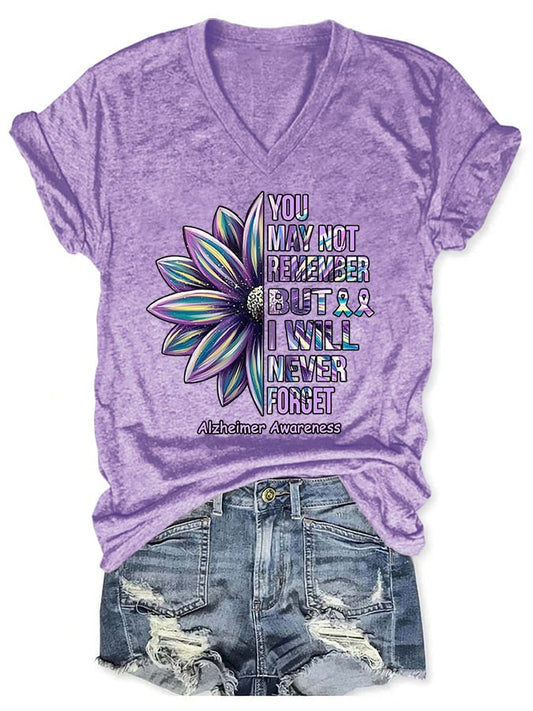 V-neck Retro Alzheimer's Awareness You May Not Remember But I Will Never Forget T-Shirt