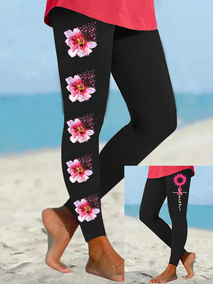 Women's Faith Hope Love Breast Cancer Awareness Sunflower Pink Ribbon Print Leggings