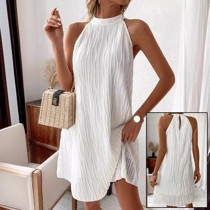 Women's mini dress backless elegant pure color halter neck