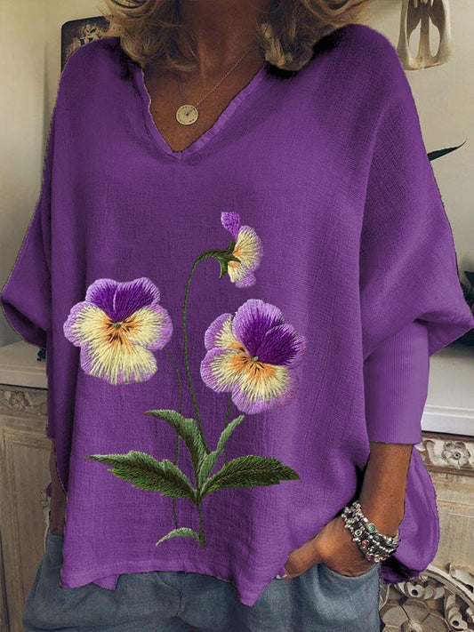 Women's Cotton And Linen Purple Floral V-Neck Top