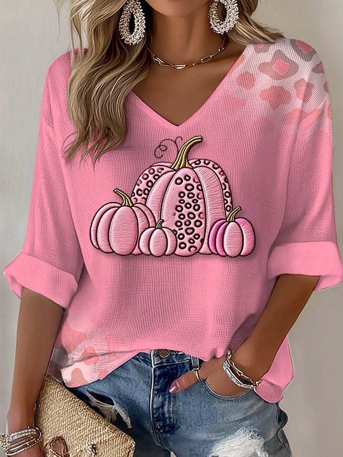 Women's In October We Wear Pink Print Waffle T-Shirt
