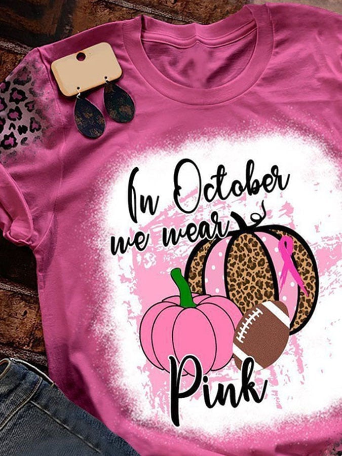 In October We Wear Pink Pumpkin Football Leopard Print T-Shirt