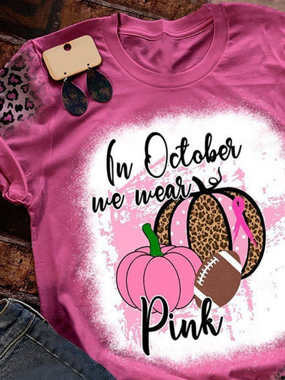 In October We Wear Pink Pumpkin Football Leopard Print T-Shirt