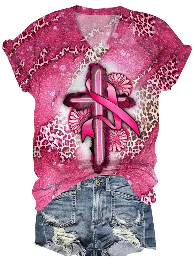 V-Neck Breast Cancer Awareness Leopard Print Floral Cross Print T-Shirt