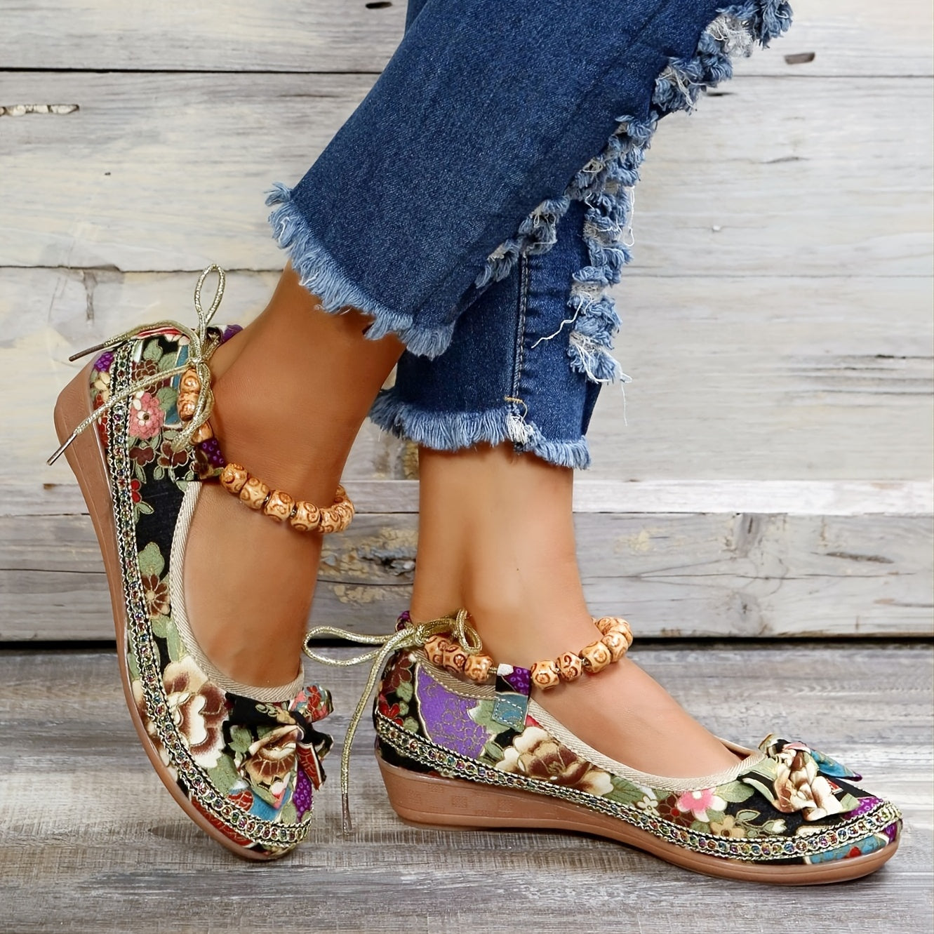 👍Last Day Promotion 70% OFF –2023 🌹Women's Floral Print Flat Shoes, Ethnic Style Ankle Strap Slip On Shoes, Casual Walking Shoes