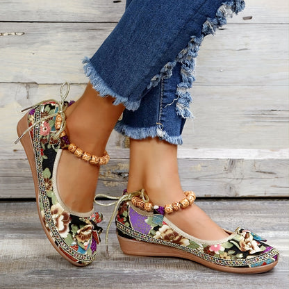 👍Last Day Promotion 70% OFF –2023 🌹Women's Floral Print Flat Shoes, Ethnic Style Ankle Strap Slip On Shoes, Casual Walking Shoes