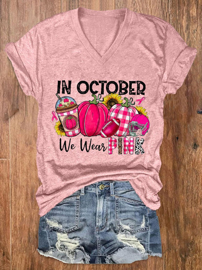 Women's In October We Wear Pink Breast Cancer Awareness Casual T-Shirt