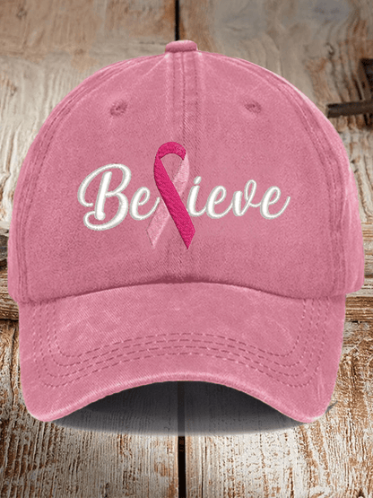 Breast Cancer Believe Ribbon Print Hat
