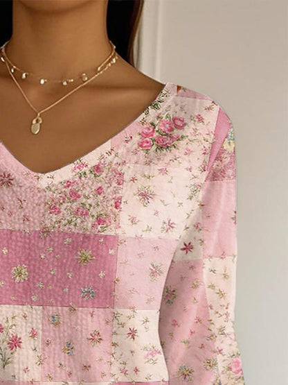 Women's Casual Pink Patchwork Print Bubble Wrinkle Top
