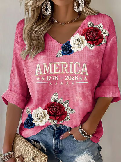 Ladies' American Flag Printed Casual Long Sleeve V-neck T-shirt