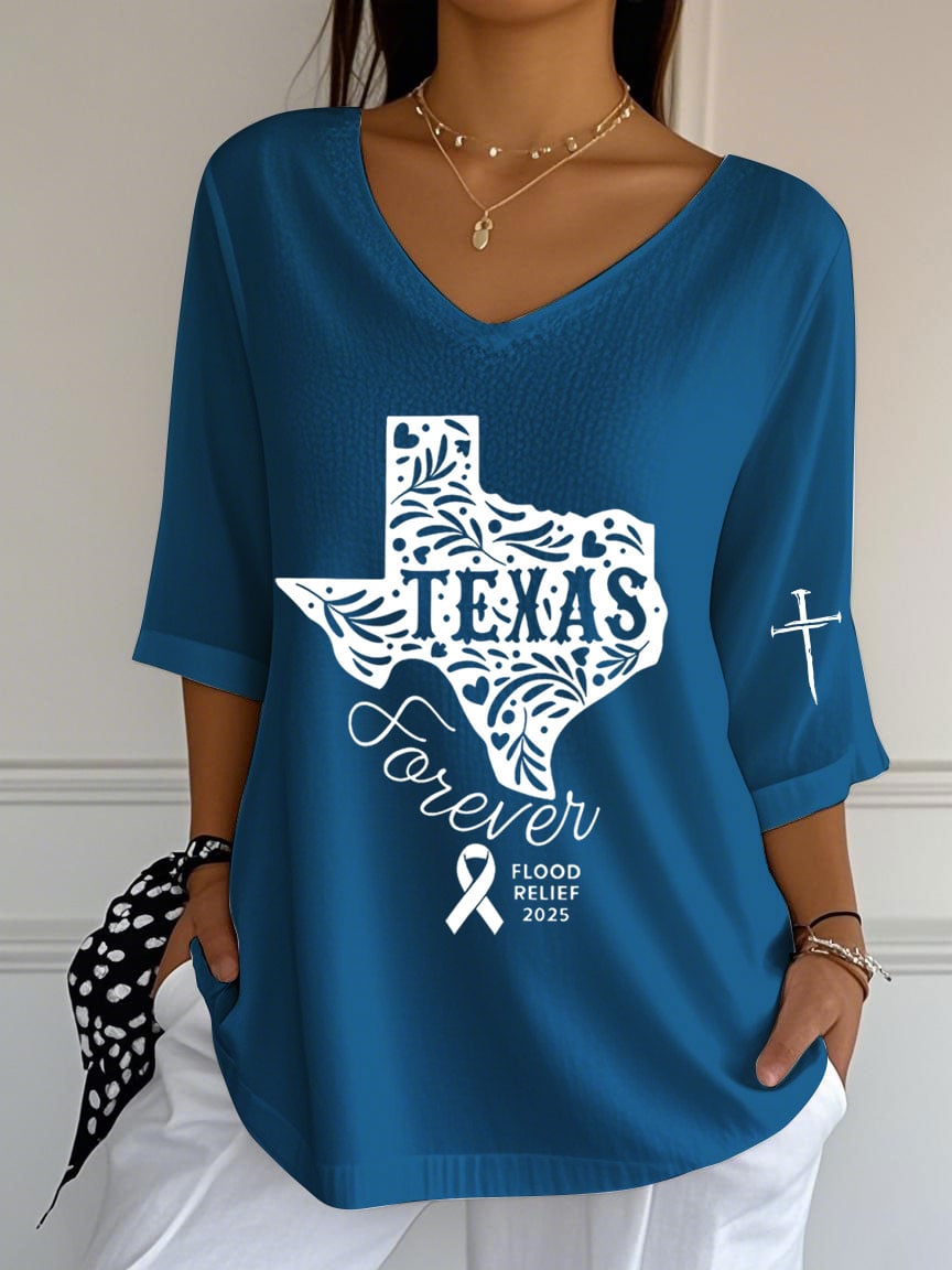 🙏💔Join us in praying for Texas.🙏Women's Texas Flood Print Casual V Neck T-Shirt