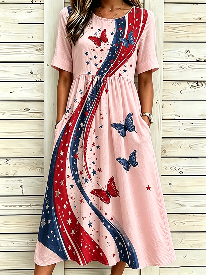 Women's National Flag Floral Print Cotton Linen Short-Sleeved Dress