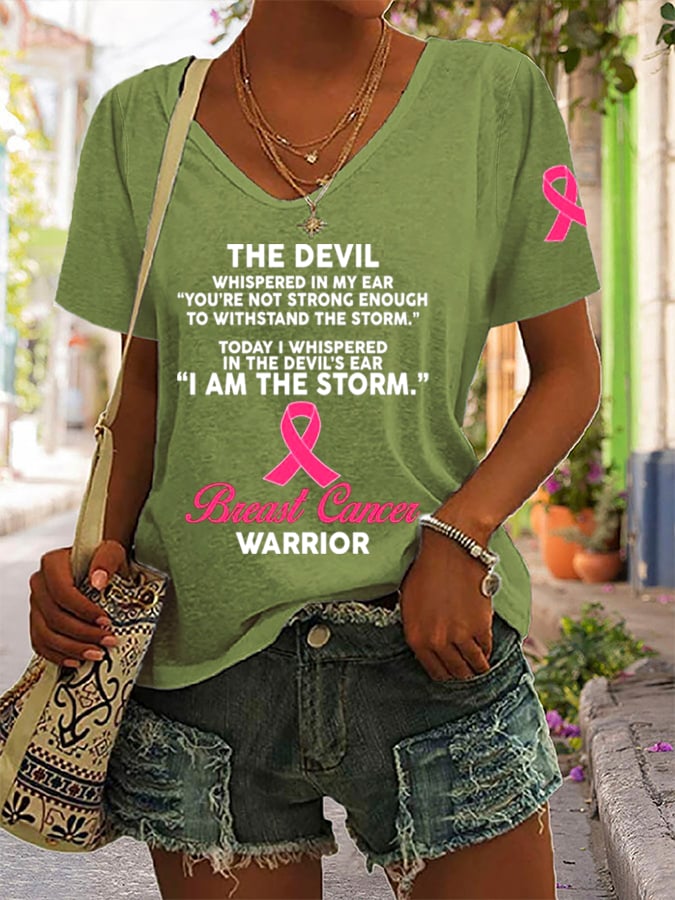Women's The Devil- Breast Cancer Awareness Support Ribbon Print Casual T-Shirt