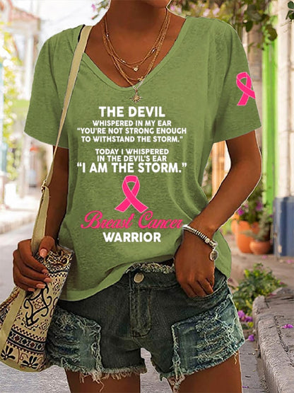 Women's The Devil- Breast Cancer Awareness Support Ribbon Print Casual T-Shirt