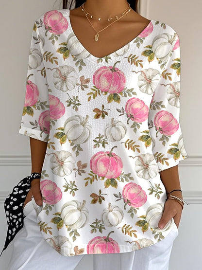 Women's Casual Pink Patchwork Print Pumpkin Bubble Wrinkle Top