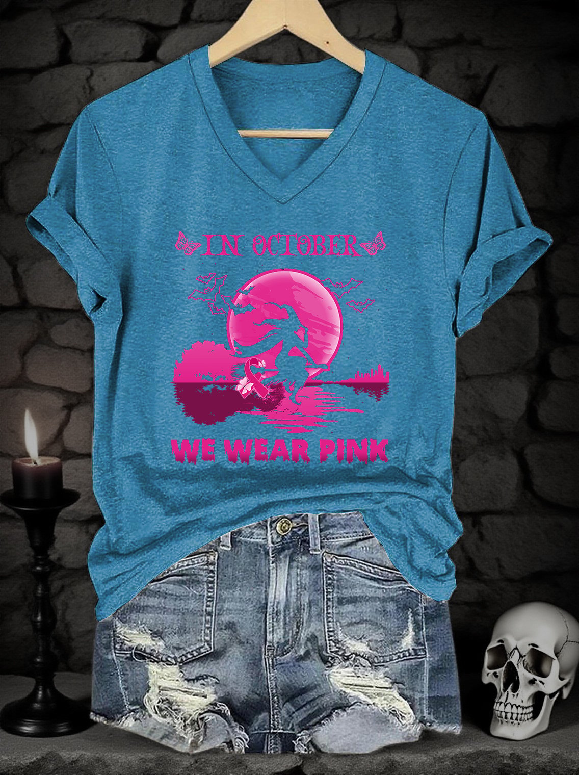 Women's Pink Art Print V-Neck Short-Sleeved T-Shirt