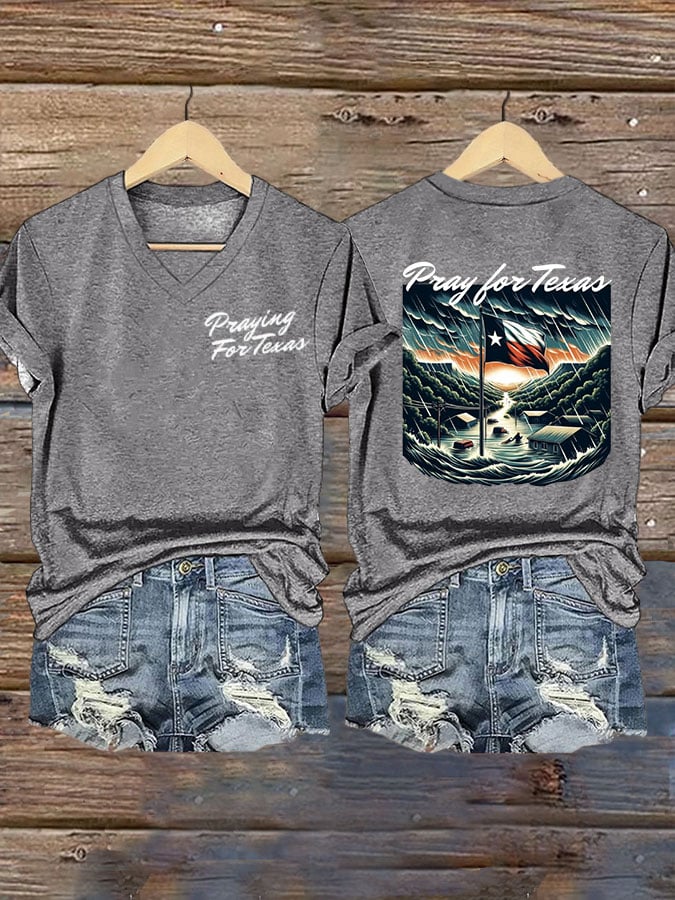 🙏💔Join us in praying for Texas.🙏Women's Texas Flood Print V-Neck T-Shirt