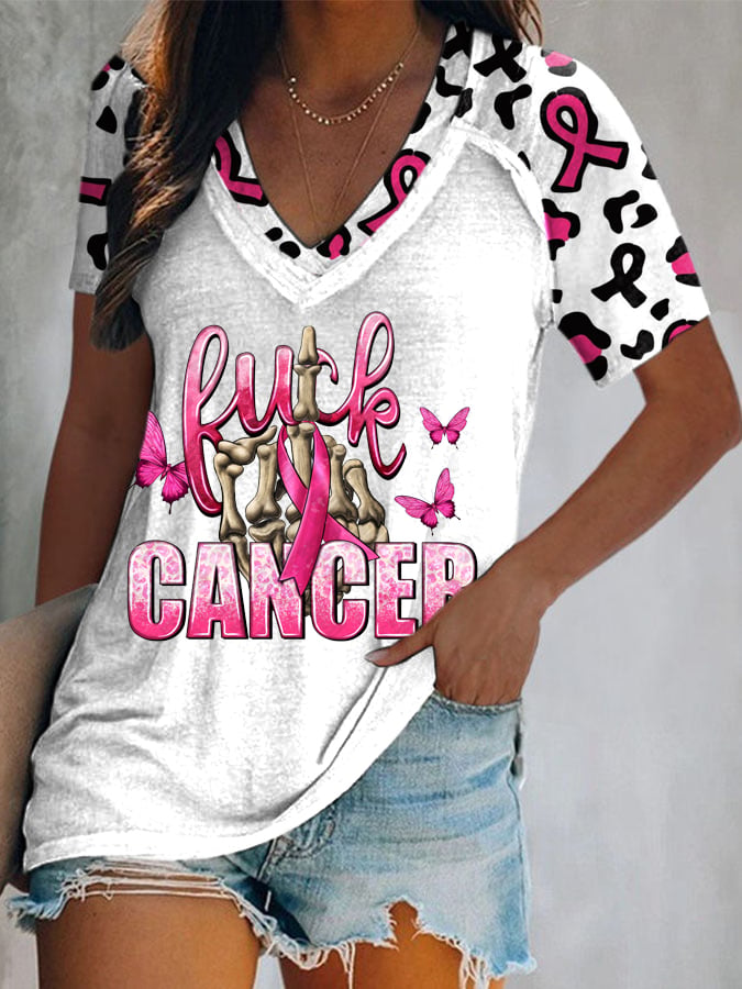 Breast Cancer Awareness Leopard Butterflies Print V-neck T-shirt