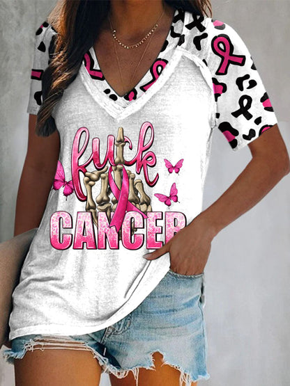 Breast Cancer Awareness Leopard Butterflies Print V-neck T-shirt