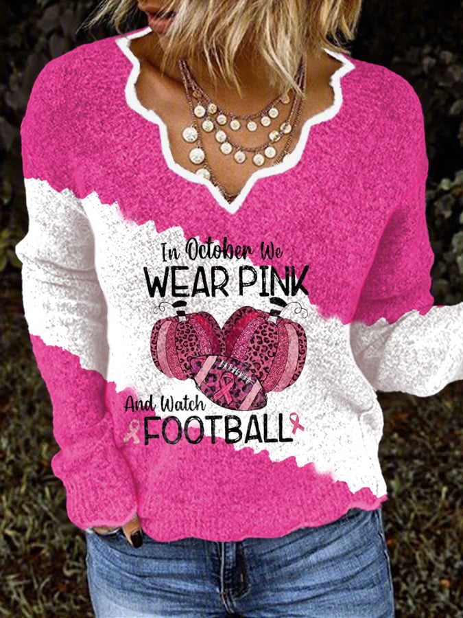 V-neck Breast Cancer Awareness In October We Wear Pink And Watch Football Leopard Print Knit Tops