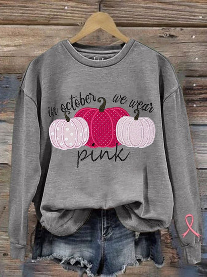 Women's Breast Cancer In October We Wear Pink Print Crew Neck Sweatshirt