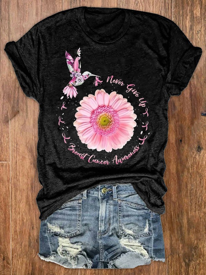 Women's Never Give Up Breast Cancer Awareness Print Crewneck T-Shirt