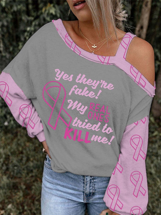 Women's Yes They're Fake The Real One Tried To Kill Me Breast Cancer Awareness Print One Shoulder Camisole Top