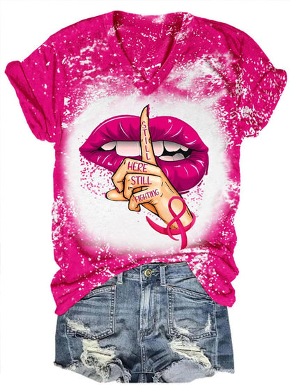 Women's Still Here Still Fighting Breast Cancer Print Tee