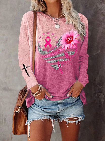 Women's Breast Cancer Gradient Print Long Sleeve T-Shirt