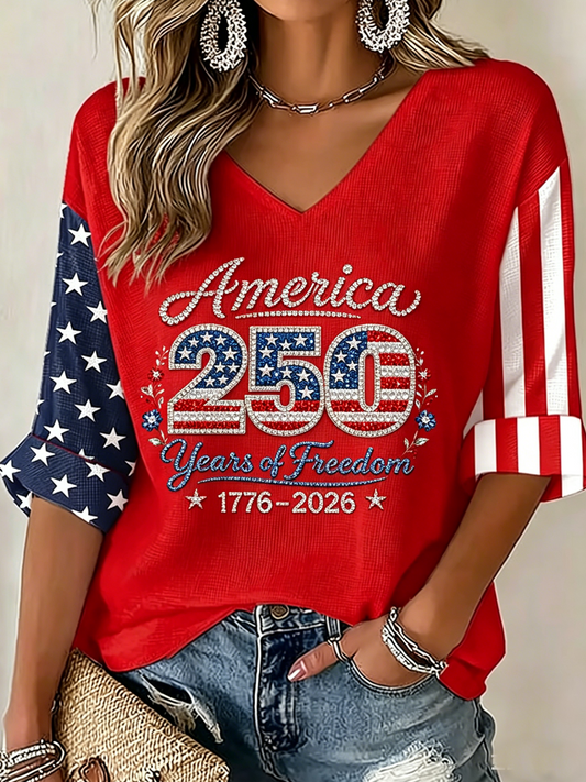Women's USA 250 Years One Nation Under God Print V Neck Top