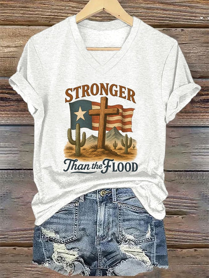 🙏💔Join us in praying for Texas.🙏V-Neck Retro Texas Strong Stronger Than The Flood Faith Cross Print T-Shirt